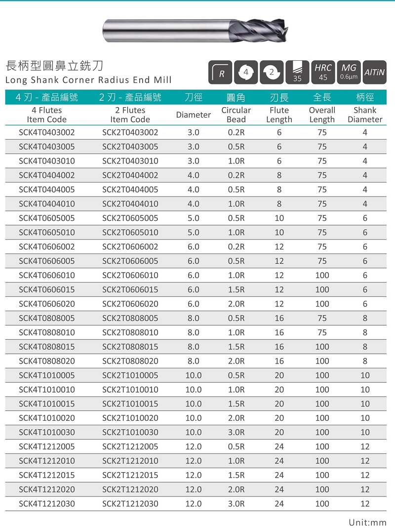 Long Shank Corner Radius End Mill-SCK4T / SCK2T